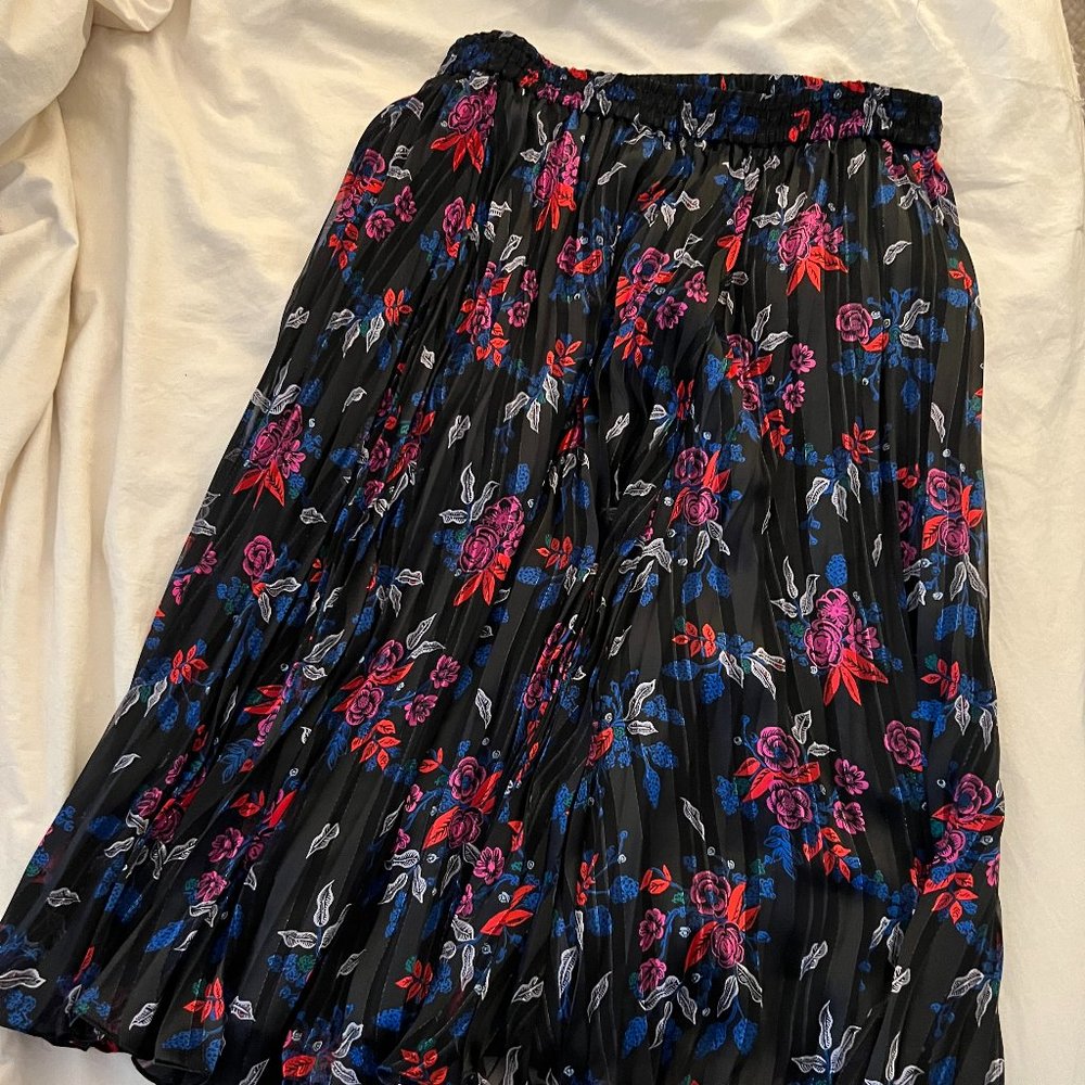 Halogen Pleated Woven Floral Midi Skirt Black Pink Blue